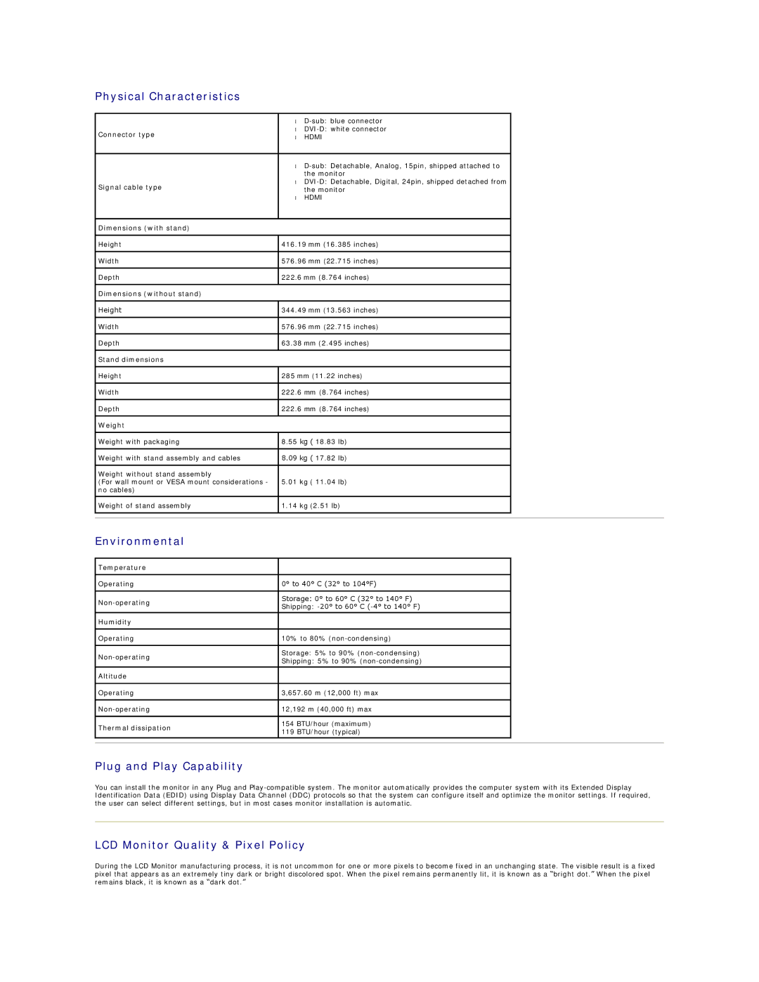 Dell S2409W appendix Physical Characteristics, Environmental, Plug and Play Capability, LCD Monitor Quality & Pixel Policy 