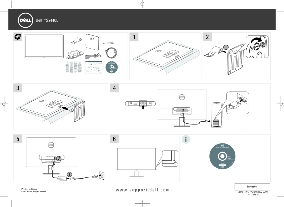 Dell S2440L setup guide DELL P/N YY96C Rev. A00, P/N 4J.1SR01.001, barcode, Drivers And Documentation, Contents, r e s 