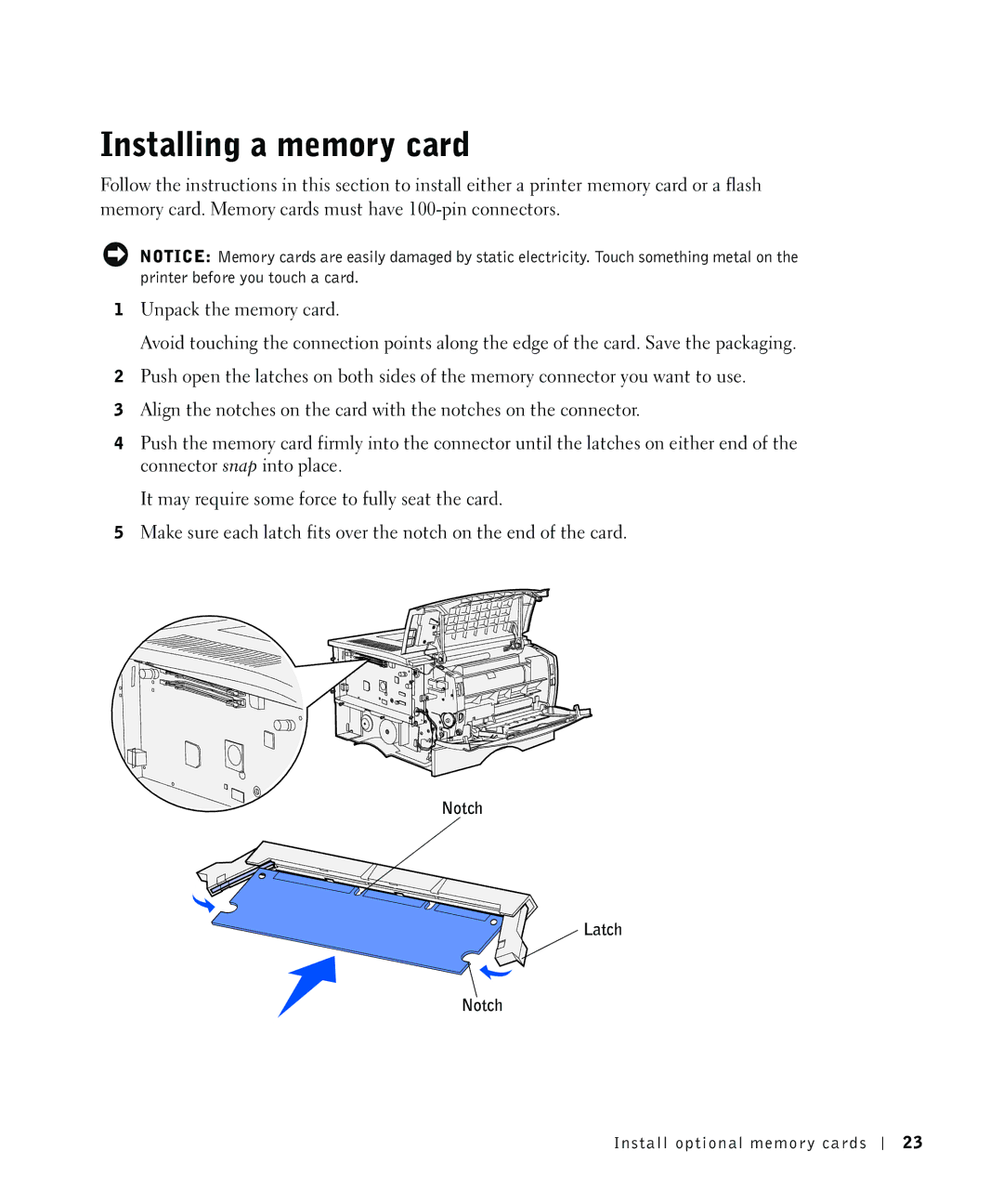 Dell S2500 owner manual Installing a memory card, Notch Latch 