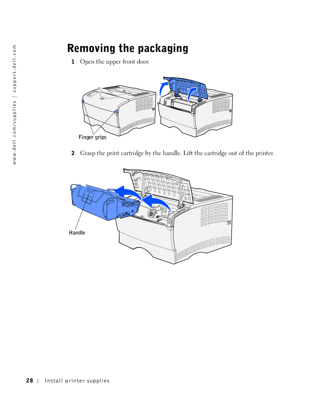 Dell S2500 owner manual Removing the packaging, Finger grips, Handle 