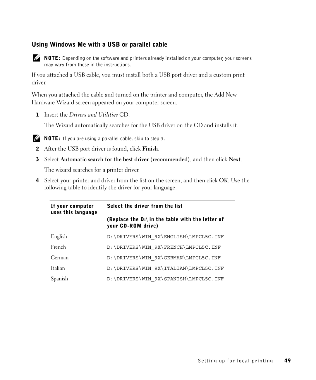 Dell S2500 owner manual Using Windows Me with a USB or parallel cable 