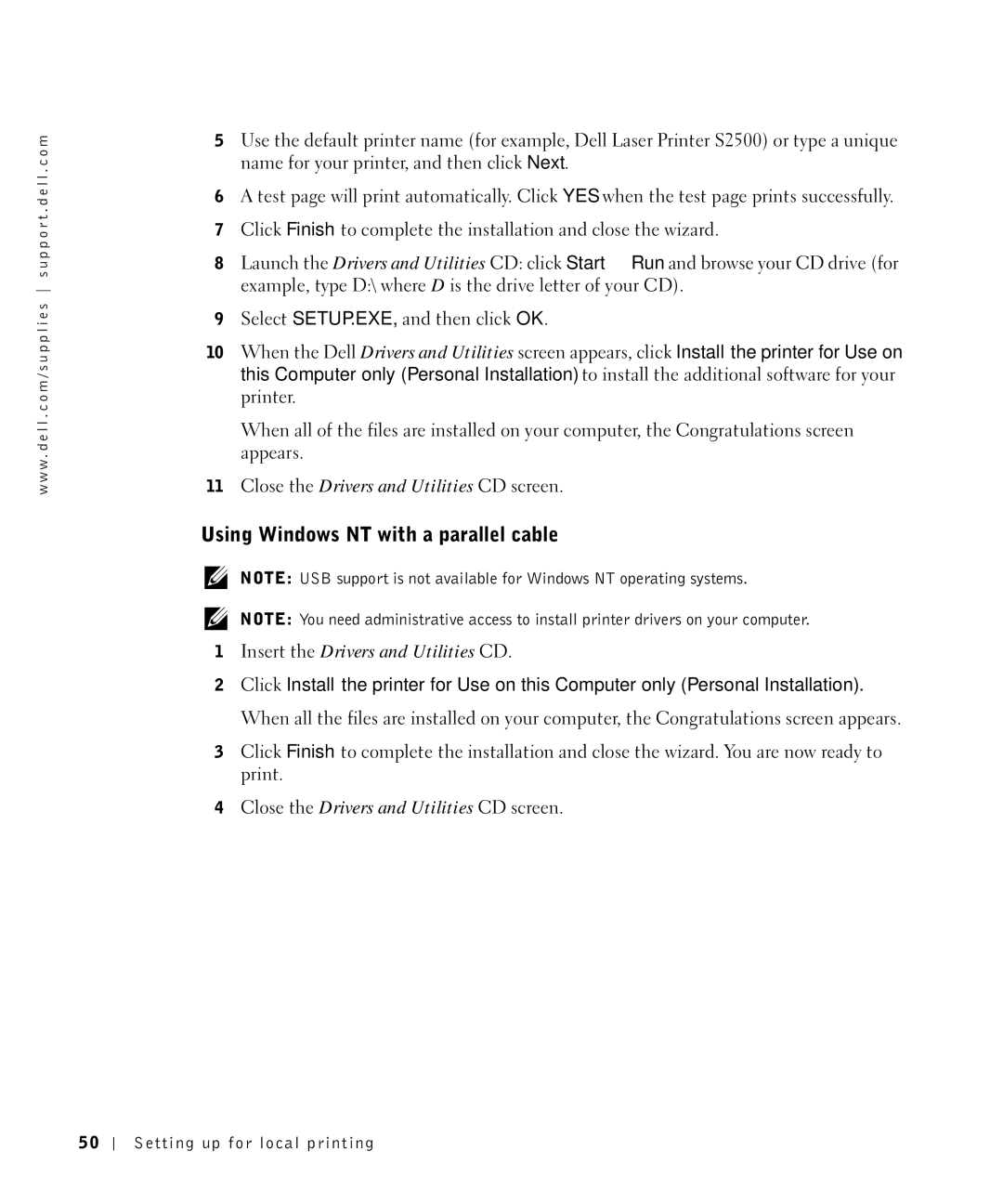 Dell S2500 owner manual Using Windows NT with a parallel cable 