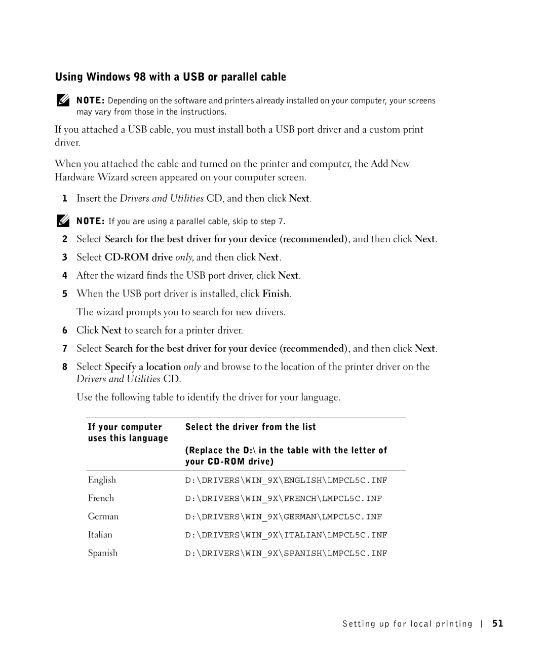 Dell S2500 owner manual Using Windows 98 with a USB or parallel cable 