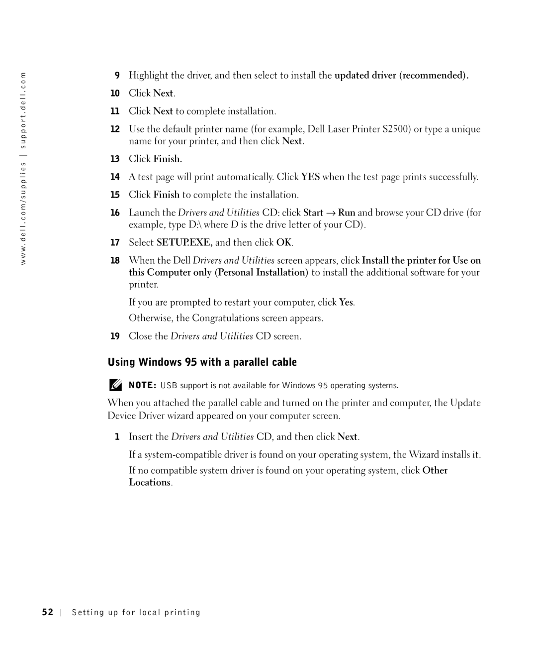 Dell S2500 owner manual Using Windows 95 with a parallel cable, Click Finish 