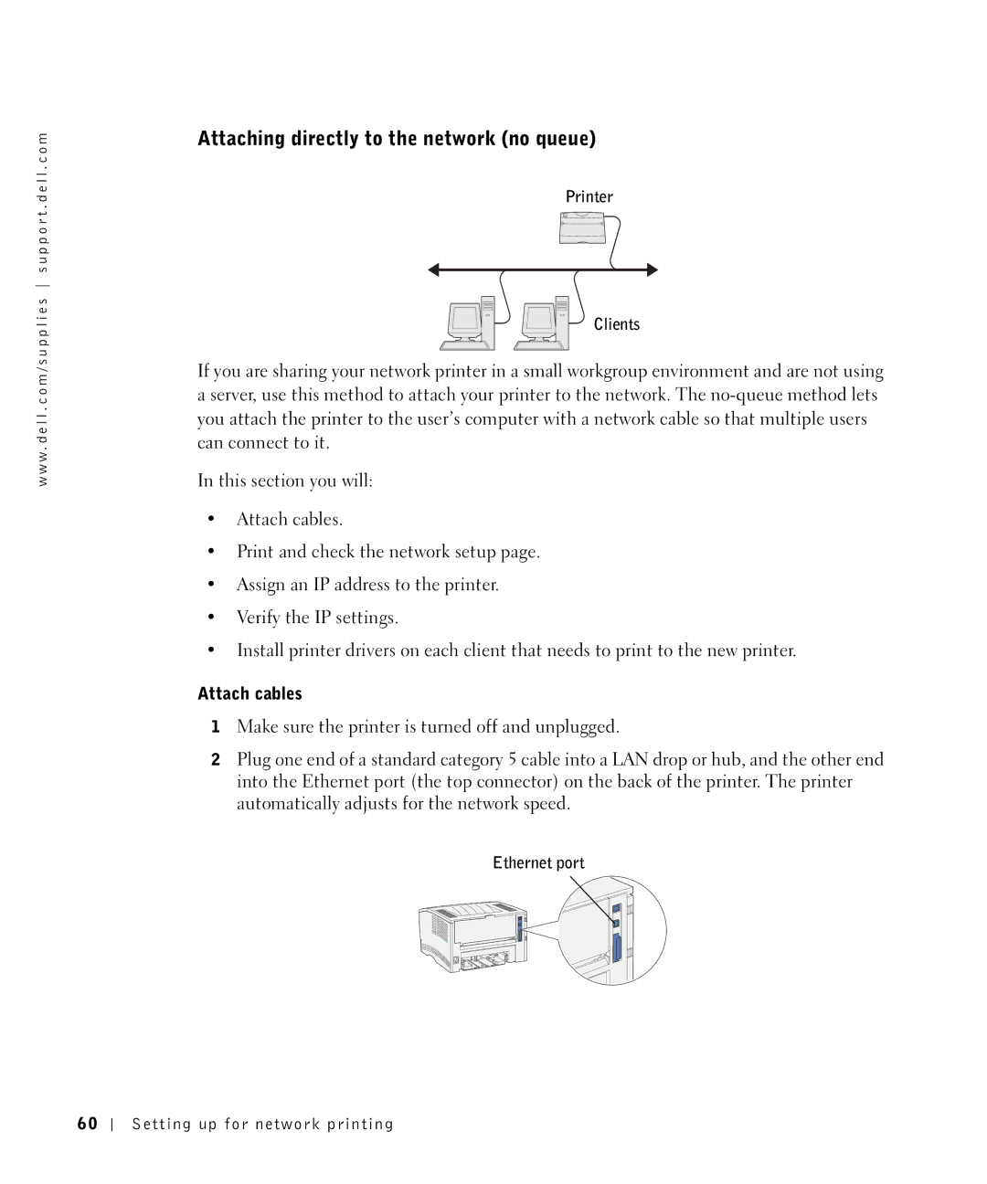 Dell S2500 owner manual Attaching directly to the network no queue, Attach cables, Printer Clients, Ethernet port 