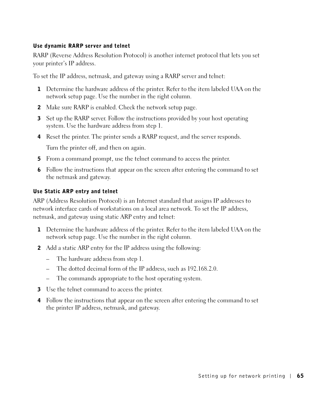 Dell S2500 owner manual Use dynamic Rarp server and telnet, Use Static ARP entry and telnet 