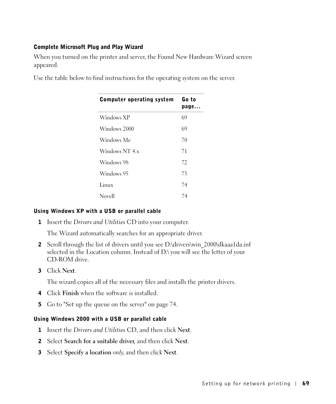 Dell S2500 owner manual Complete Microsoft Plug and Play Wizard, Using Windows XP with a USB or parallel cable 