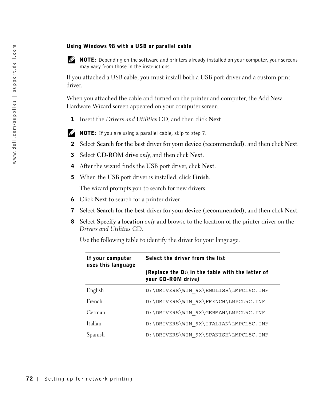 Dell S2500 owner manual Using Windows 98 with a USB or parallel cable 