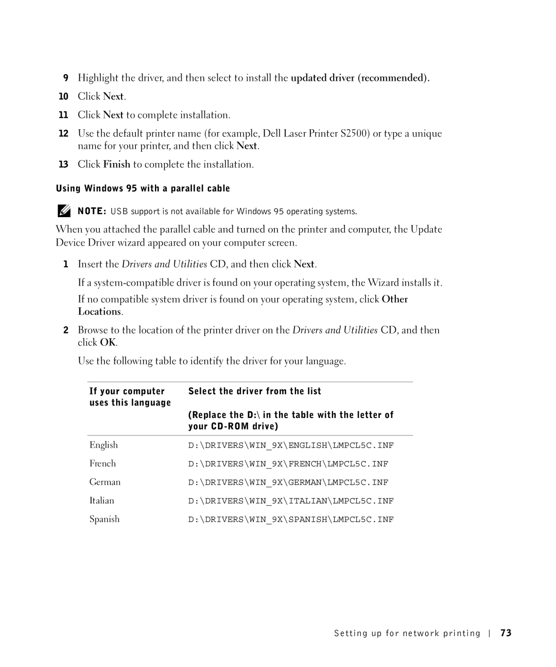 Dell S2500 owner manual Using Windows 95 with a parallel cable 