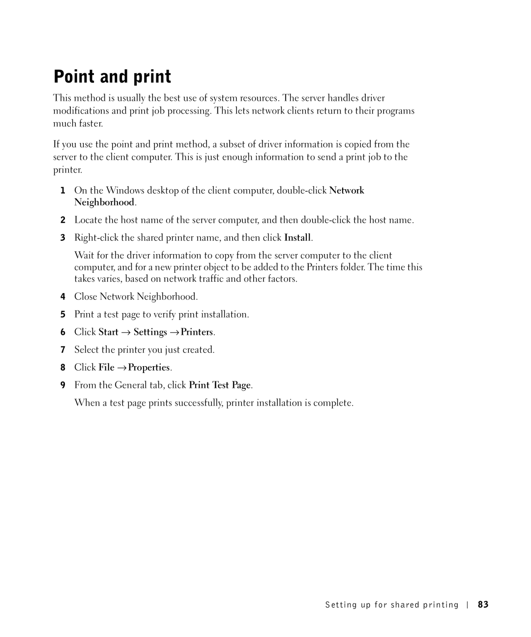 Dell S2500 owner manual Point and print, Click File → Properties 