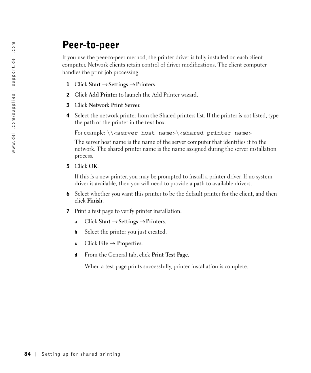 Dell S2500 owner manual Peer-to-peer, Click Network Print Server 