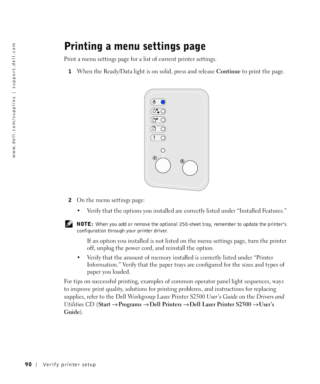 Dell S2500 owner manual Printing a menu settings 