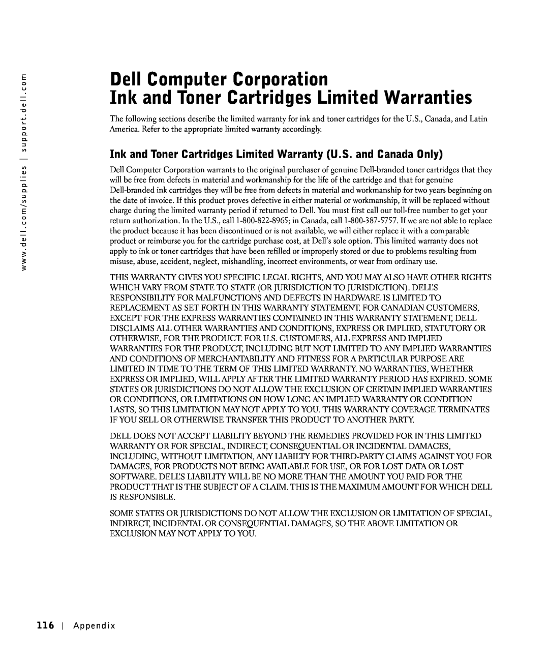 Dell S2500 owner manual Dell Computer Corporation Ink and Toner Cartridges Limited Warranties, Appendix 