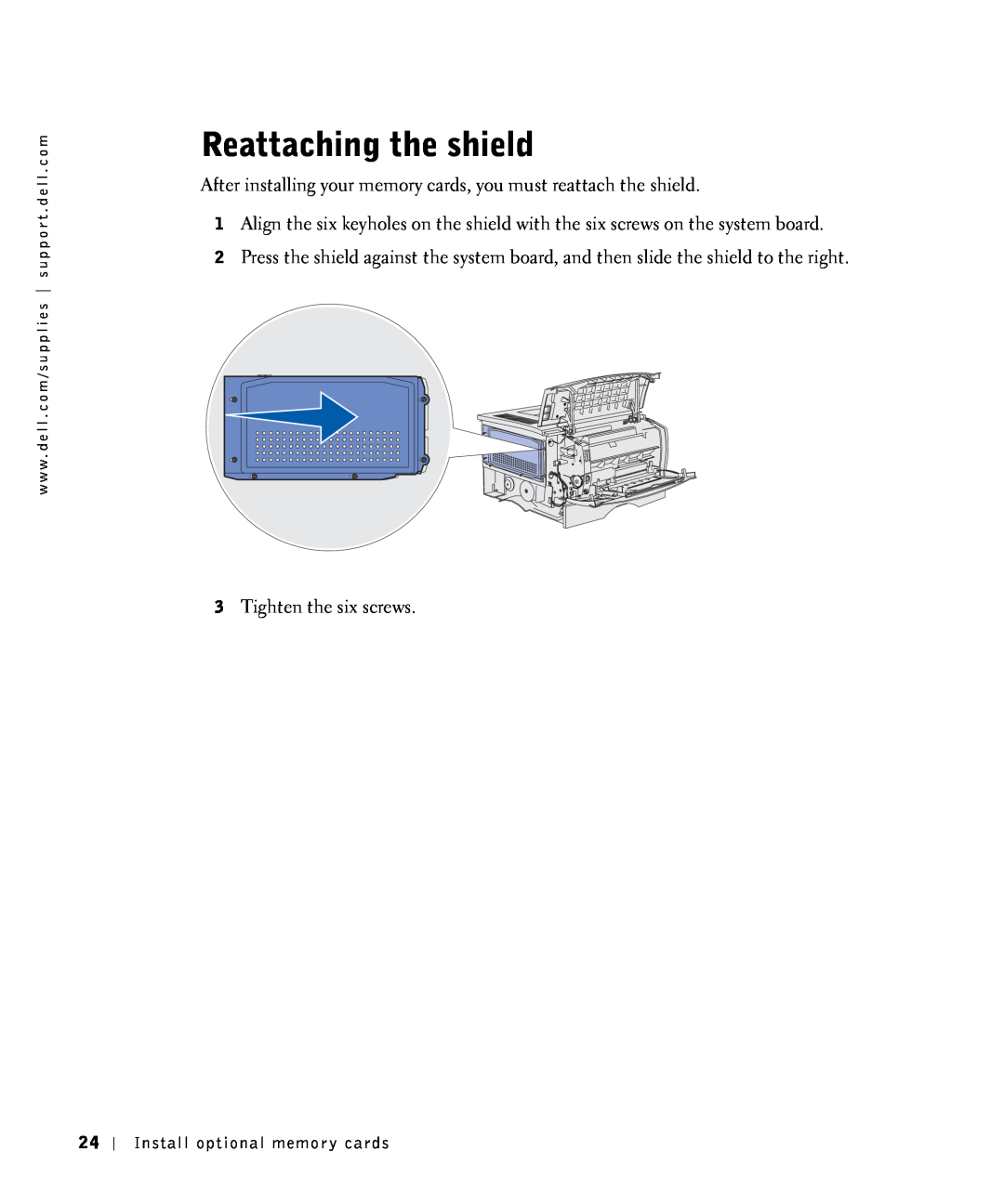 Dell S2500 owner manual Reattaching the shield, After installing your memory cards, you must reattach the shield 