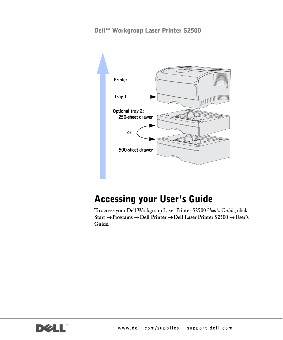 Dell owner manual Accessing your User’s Guide, Dell Workgroup Laser Printer S2500, Printer Tray, or 500-sheet drawer 