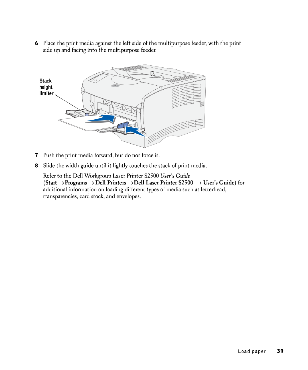 Dell S2500 owner manual Push the print media forward, but do not force it 