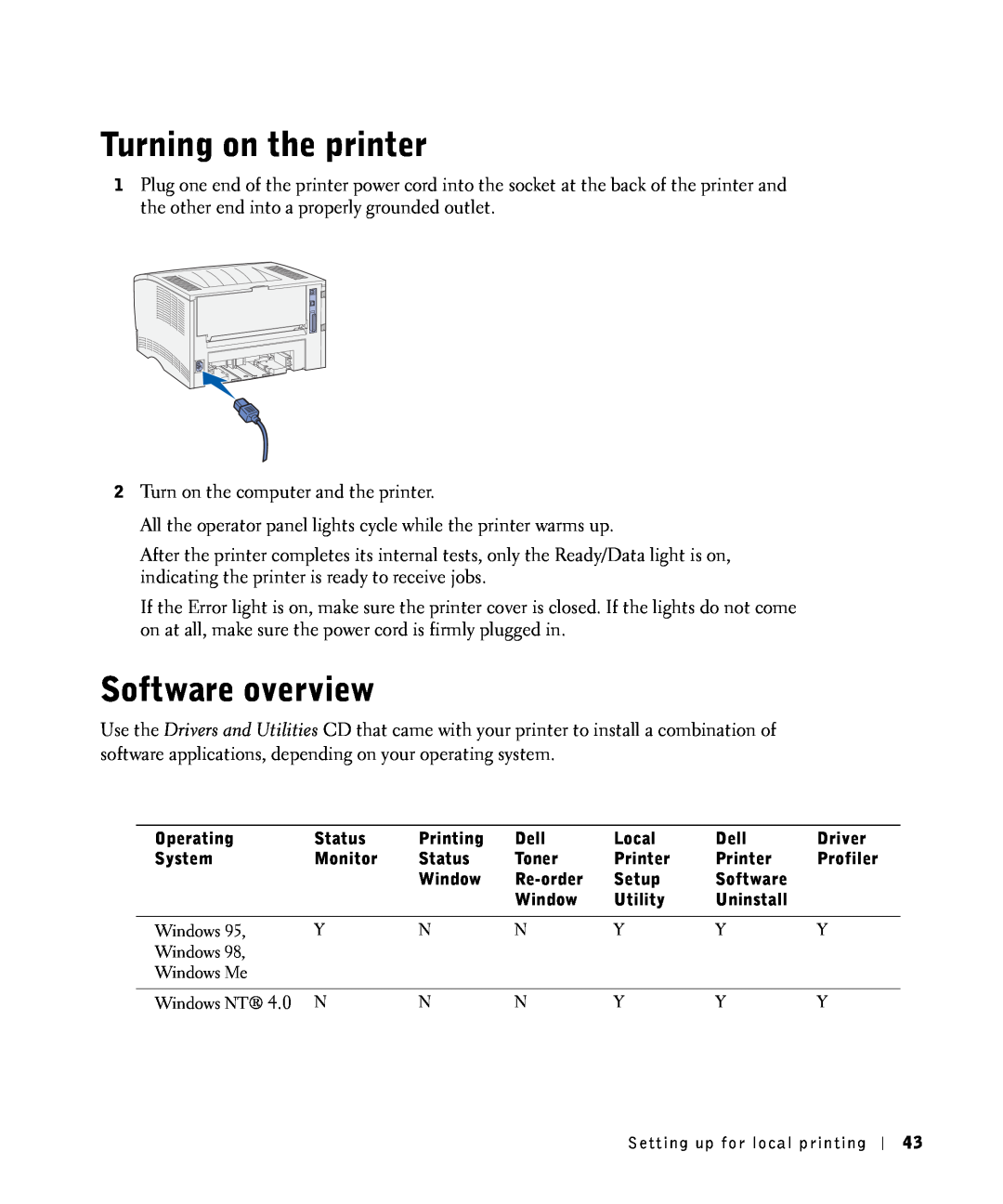 Dell S2500 owner manual Turning on the printer, Software overview 