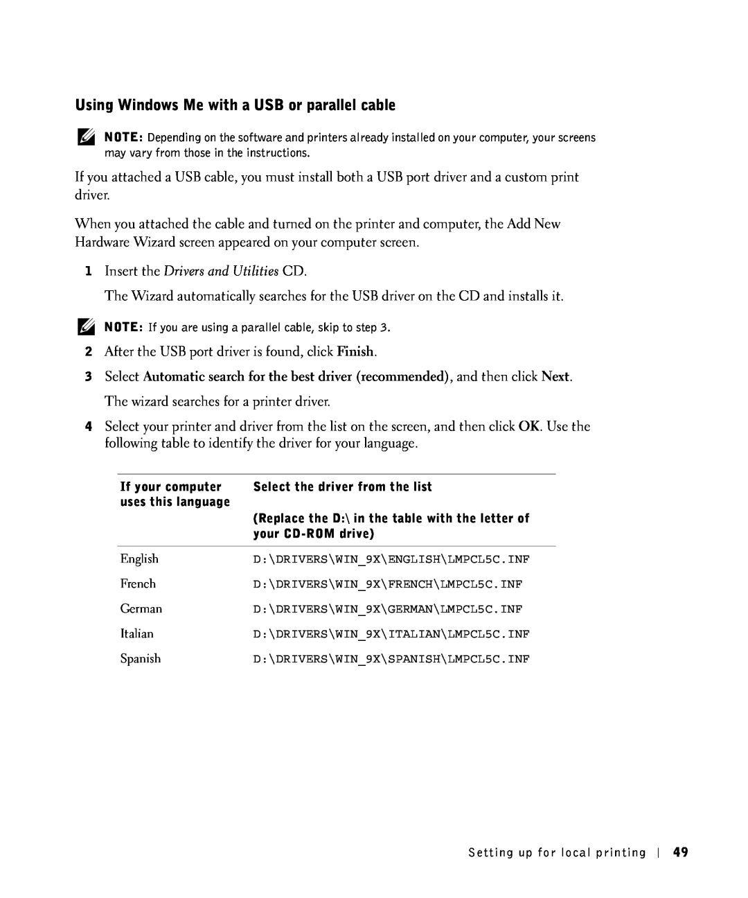 Dell S2500 owner manual Using Windows Me with a USB or parallel cable, Insert the Drivers and Utilities CD 