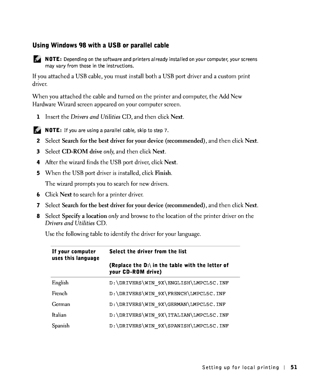 Dell S2500 owner manual Using Windows 98 with a USB or parallel cable 