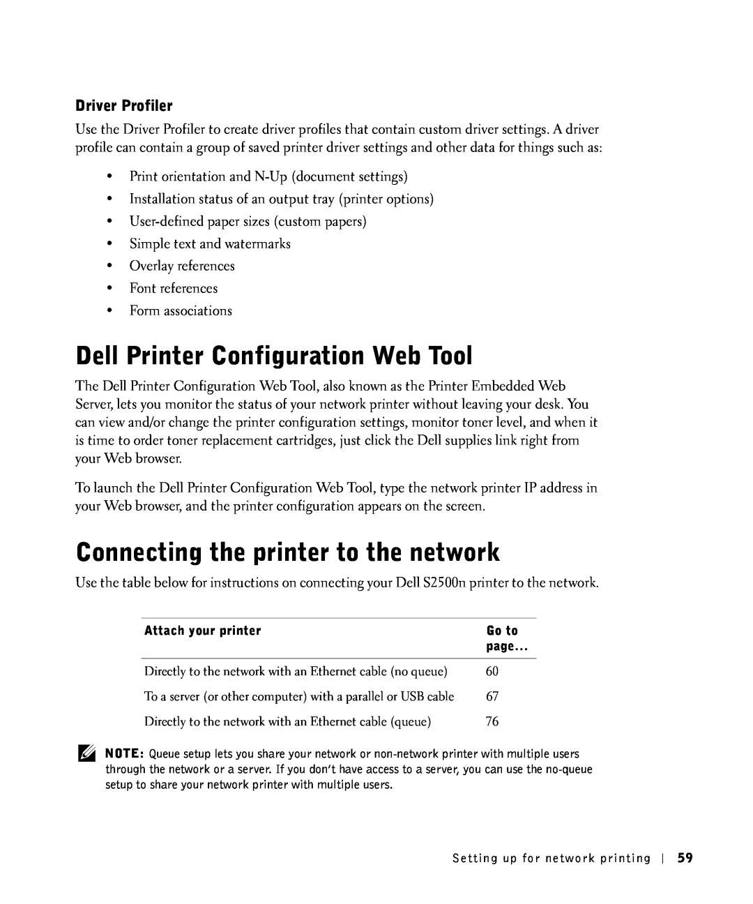 Dell S2500 owner manual Dell Printer Configuration Web Tool, Connecting the printer to the network, Driver Profiler 