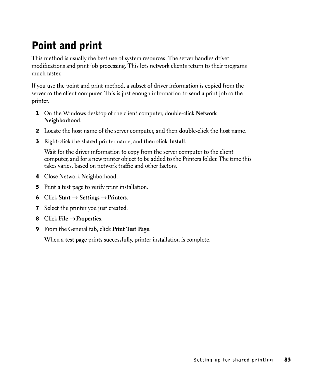 Dell S2500 owner manual Point and print, Click Start → Settings → Printers, Click File → Properties 