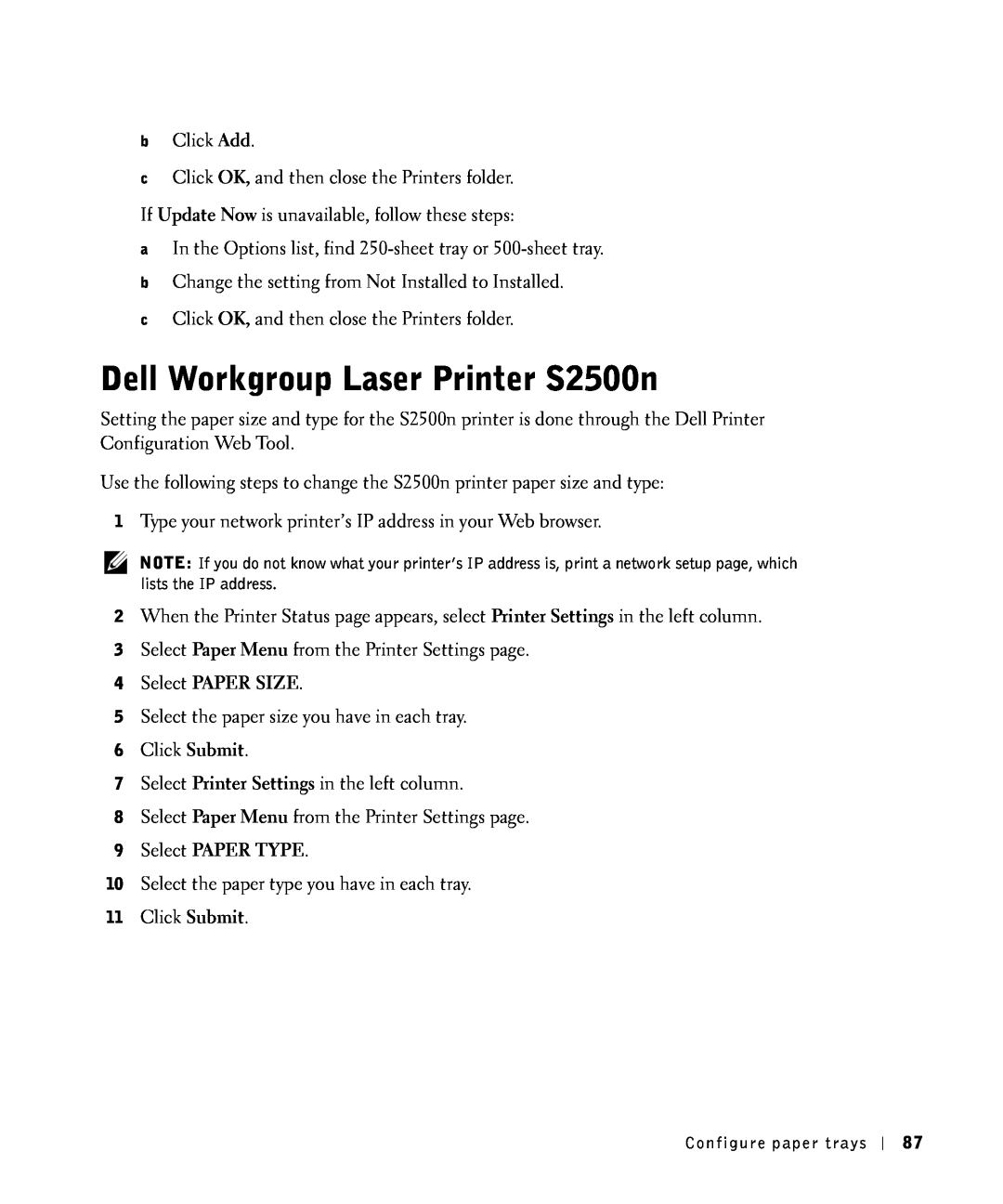 Dell owner manual Dell Workgroup Laser Printer S2500n, Select PAPER SIZE, Select PAPER TYPE 