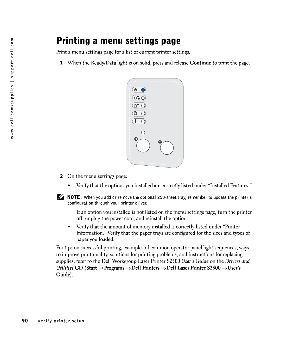 Dell S2500 owner manual Printing a menu settings page, Guide 