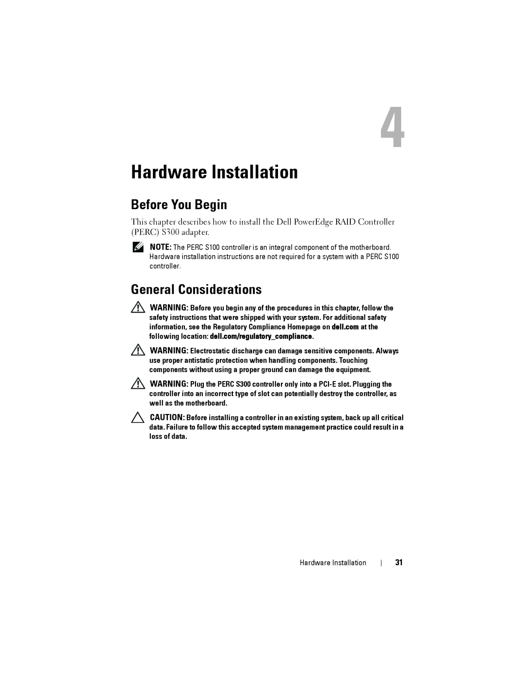 Dell S100, S300 manual Hardware Installation, Before You Begin, General Considerations 