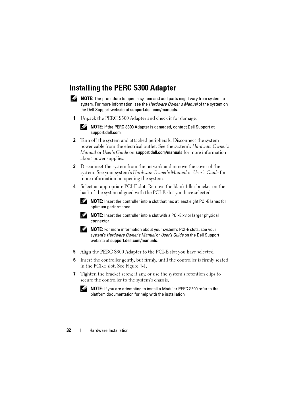 Dell S100 manual Installing the Perc S300 Adapter 