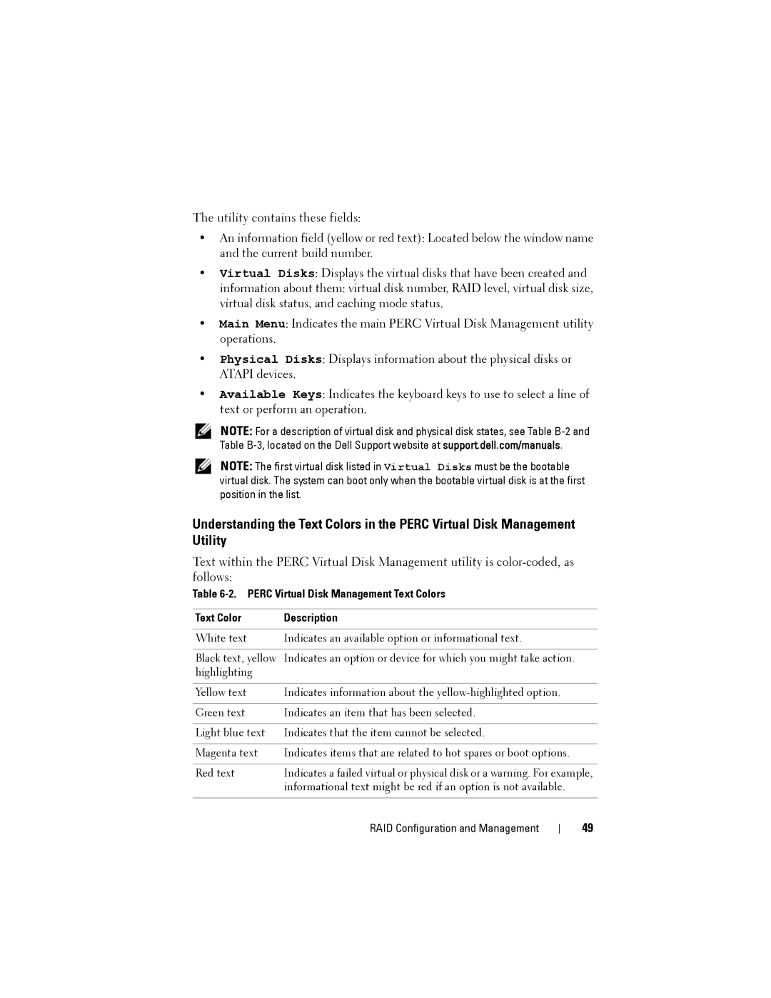 Dell S100, S300 manual Perc Virtual Disk Management Text Colors Description 