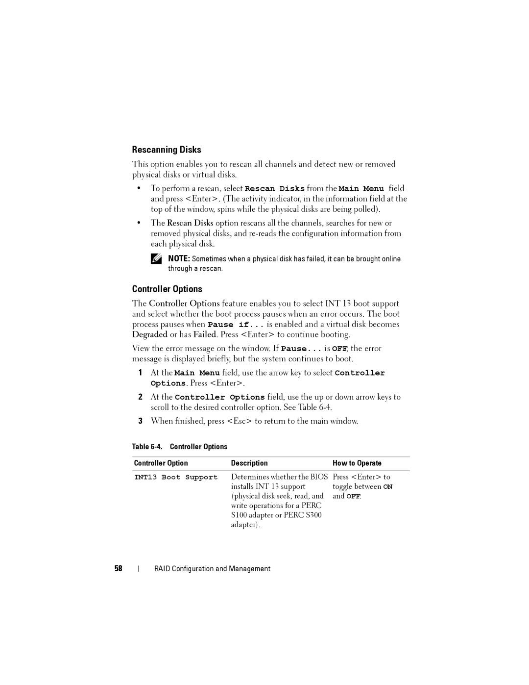 Dell S300, S100 manual Rescanning Disks, Controller Options Description How to Operate 