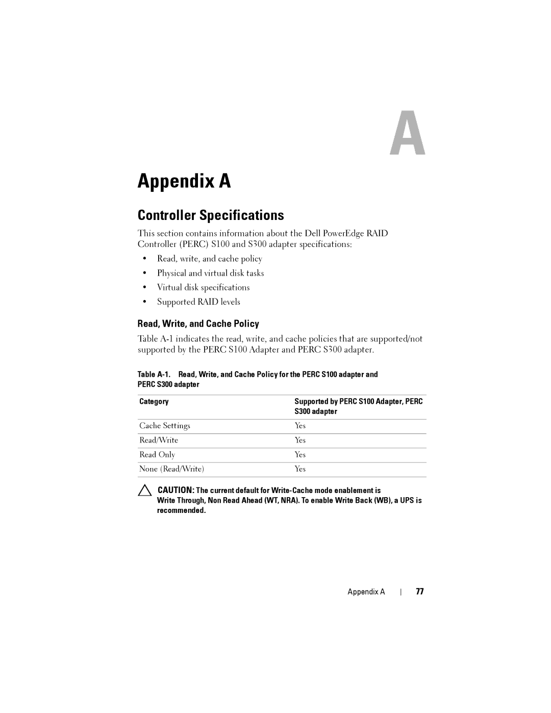 Dell S100 manual Appendix a, Controller Specifications, Read, Write, and Cache Policy, S300 adapter 