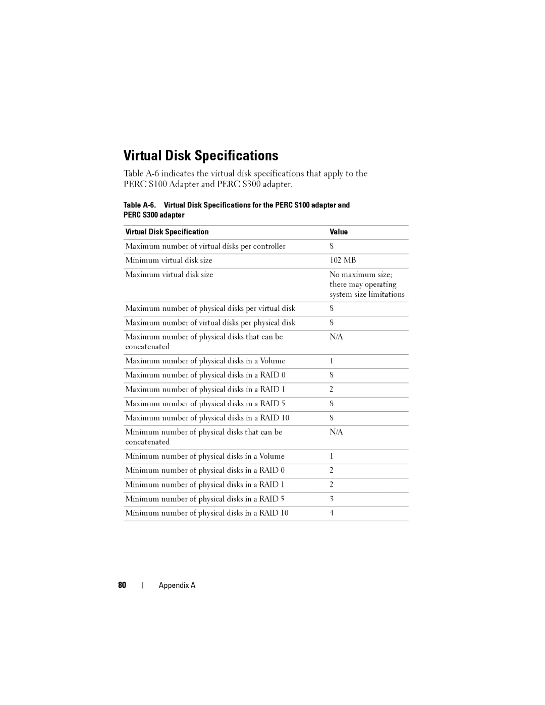 Dell S300, S100 manual Virtual Disk Specifications 