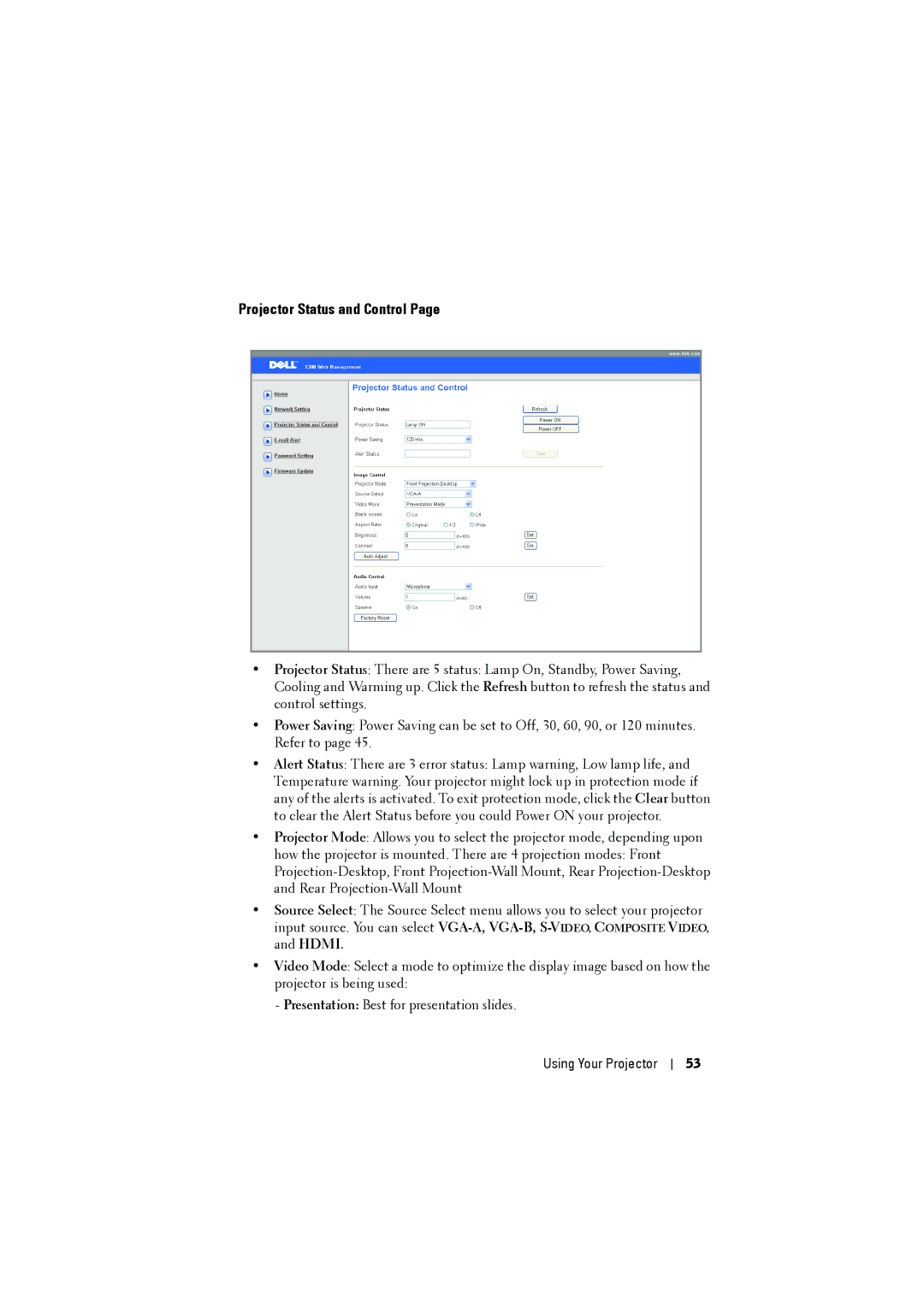 Dell S300 manual Projector Status and Control 