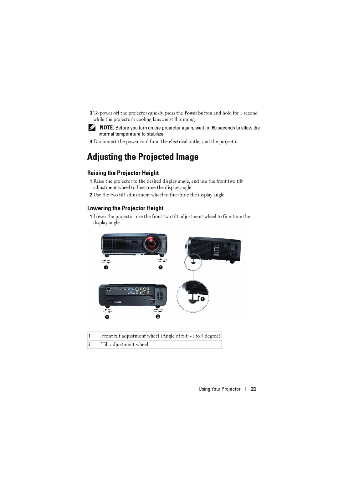 Dell S300 manual Adjusting the Projected Image, Raising the Projector Height 