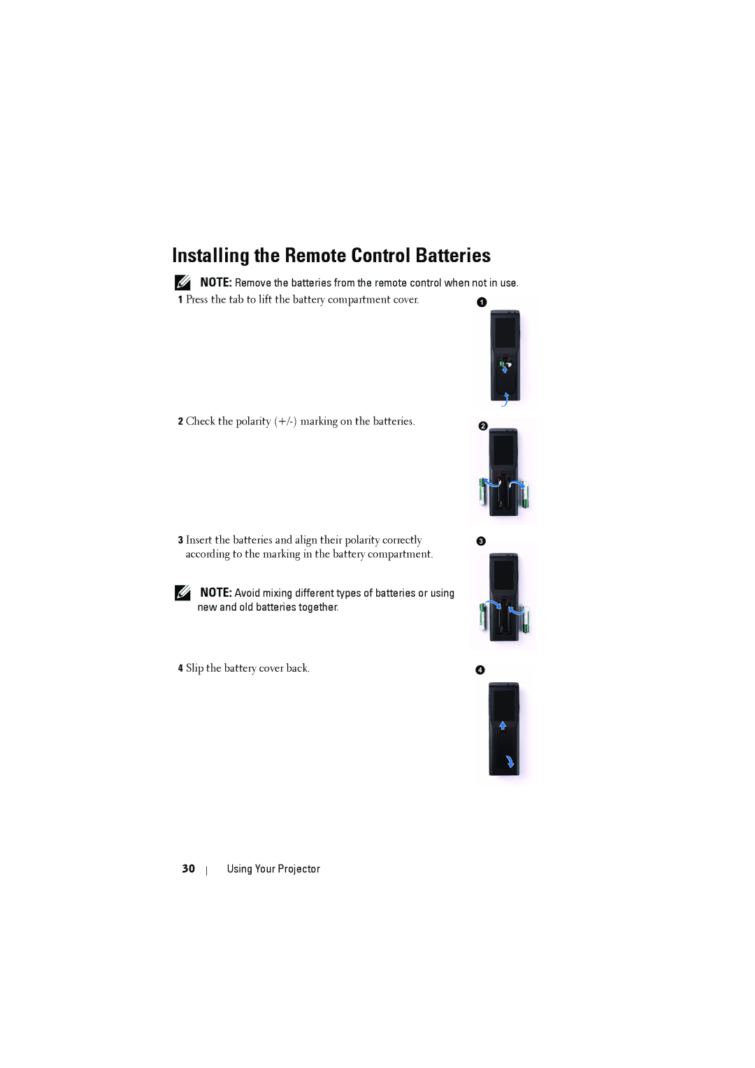 Dell S300 manual Installing the Remote Control Batteries 