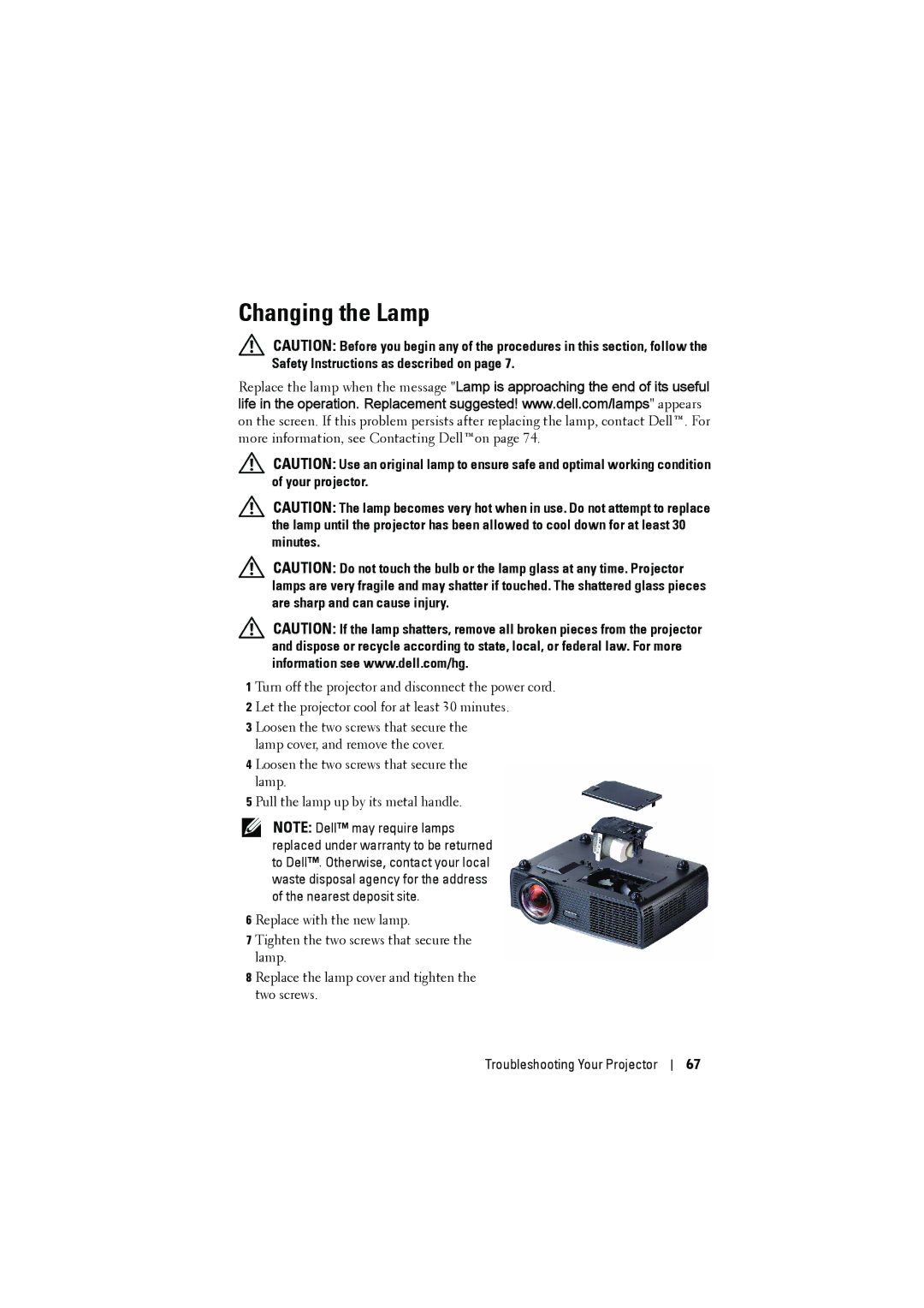 Dell S300 manual Changing the Lamp 