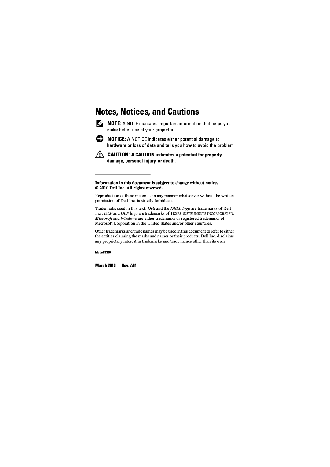 Dell S300 manual Notes, Notices, and Cautions, March 2010 Rev. A01 