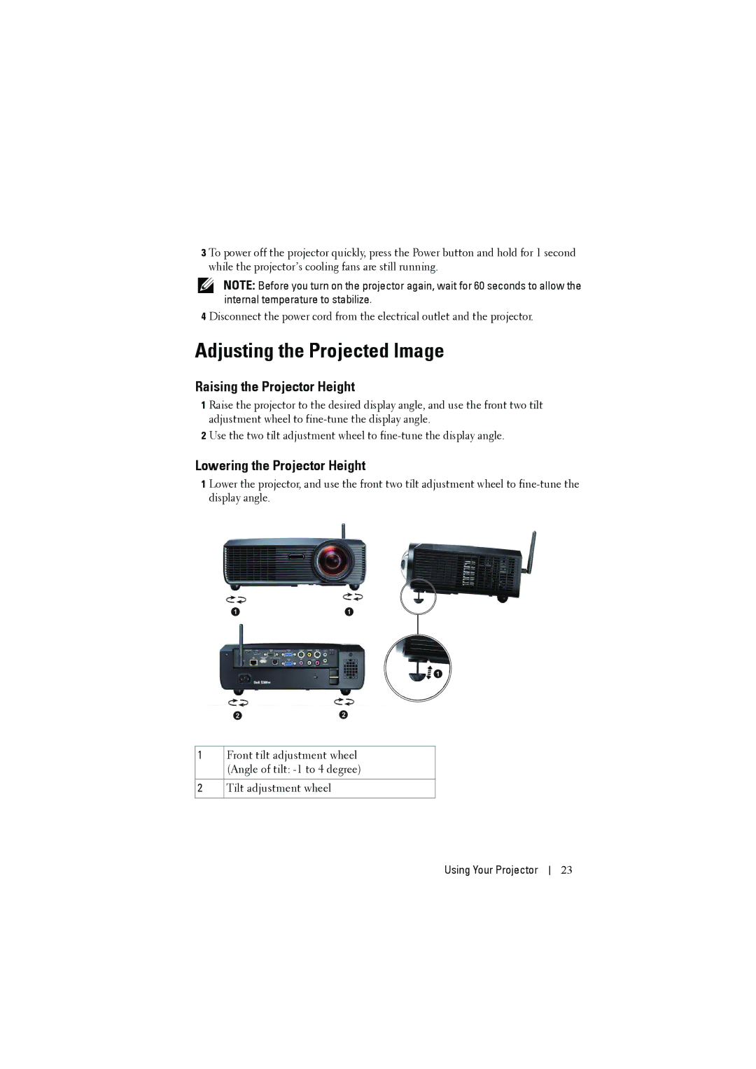 Dell S300W manual Adjusting the Projected Image, Raising the Projector Height, Lowering the Projector Height 