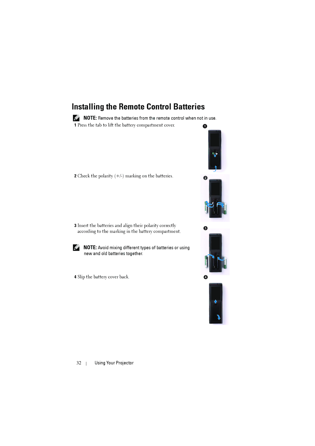 Dell S300W manual Installing the Remote Control Batteries 