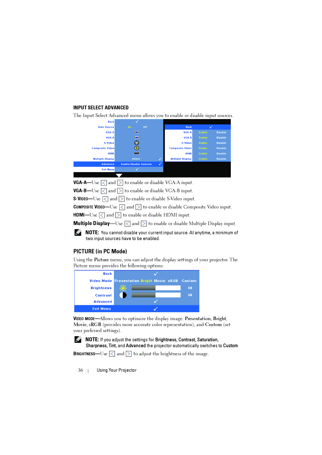 Dell S300W manual Picture in PC Mode, Input Select Advanced 