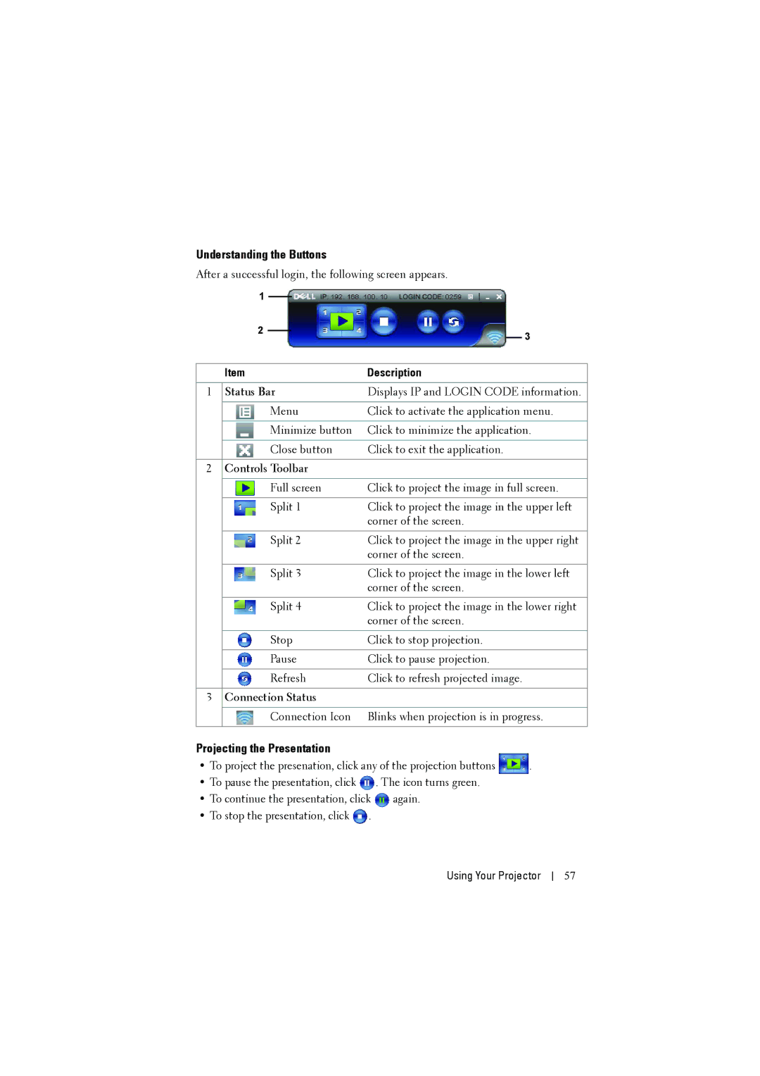 Dell S300W manual Understanding the Buttons, Projecting the Presentation, Status Bar, Controls Toolbar, Connection Status 