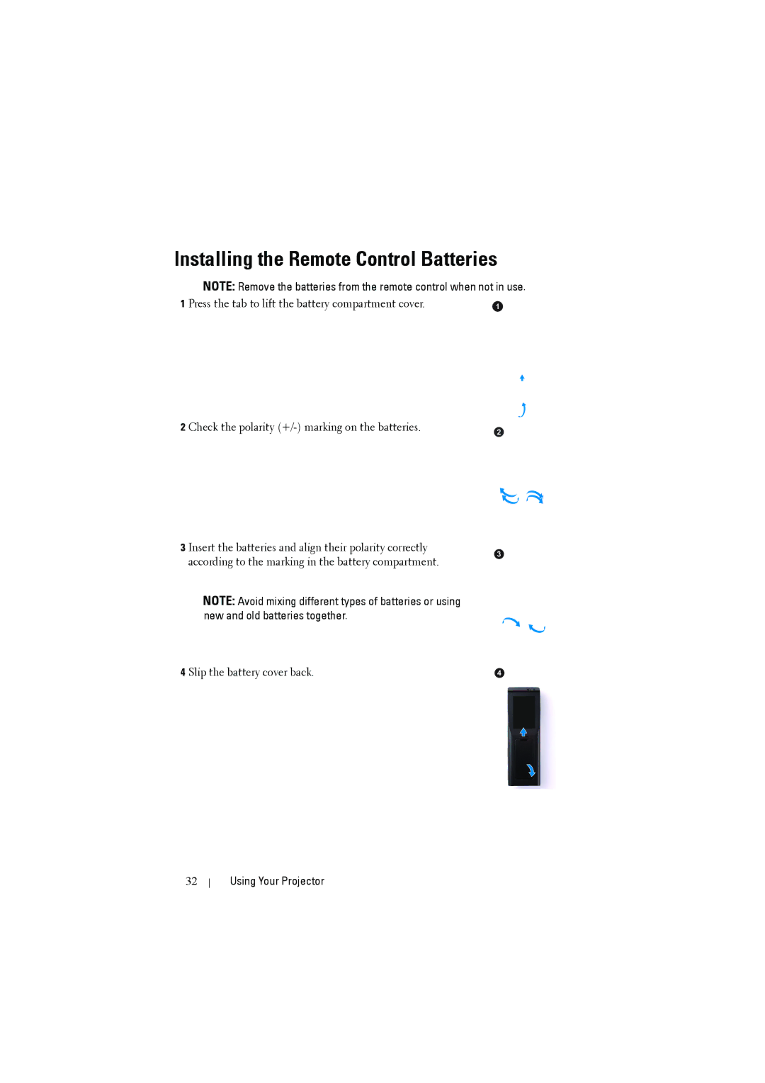 Dell S300W manual Installing the Remote Control Batteries 