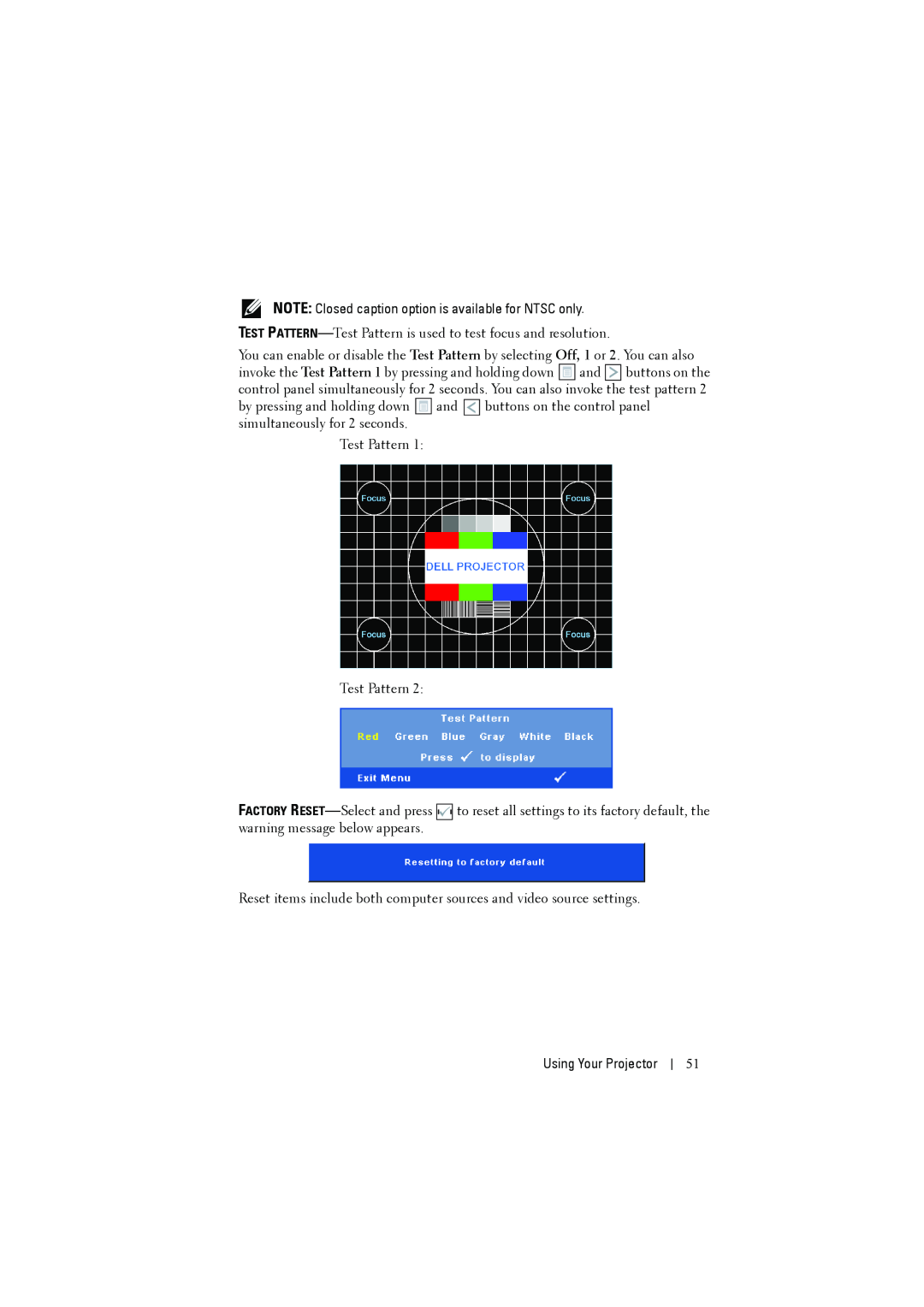 Dell S300W manual TEST PATTERN-Test Pattern is used to test focus and resolution 