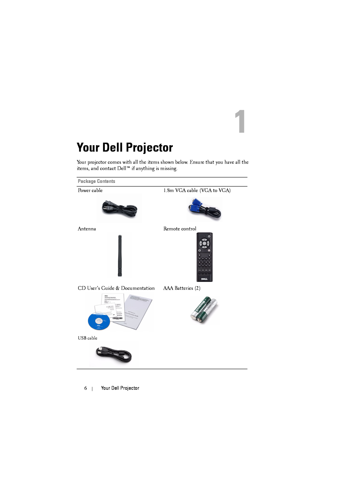 Dell S300W manual Your Dell Projector, Package Contents, USB cable 