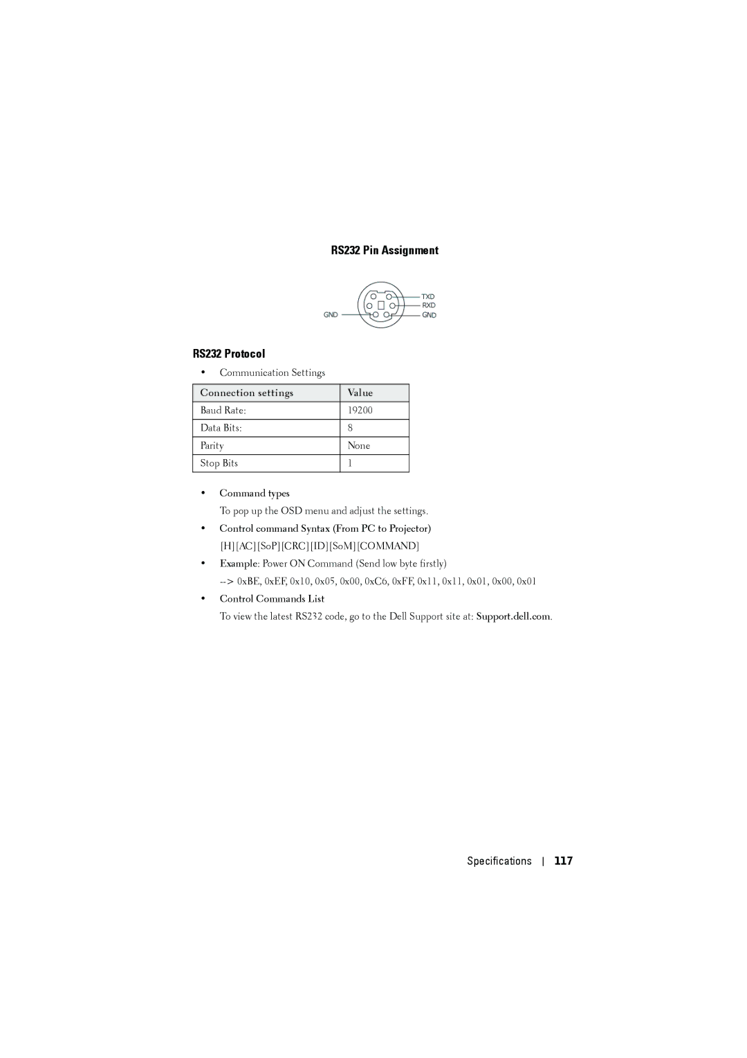 Dell S300wi manual RS232 Pin Assignment RS232 Protocol, Specifications 117 