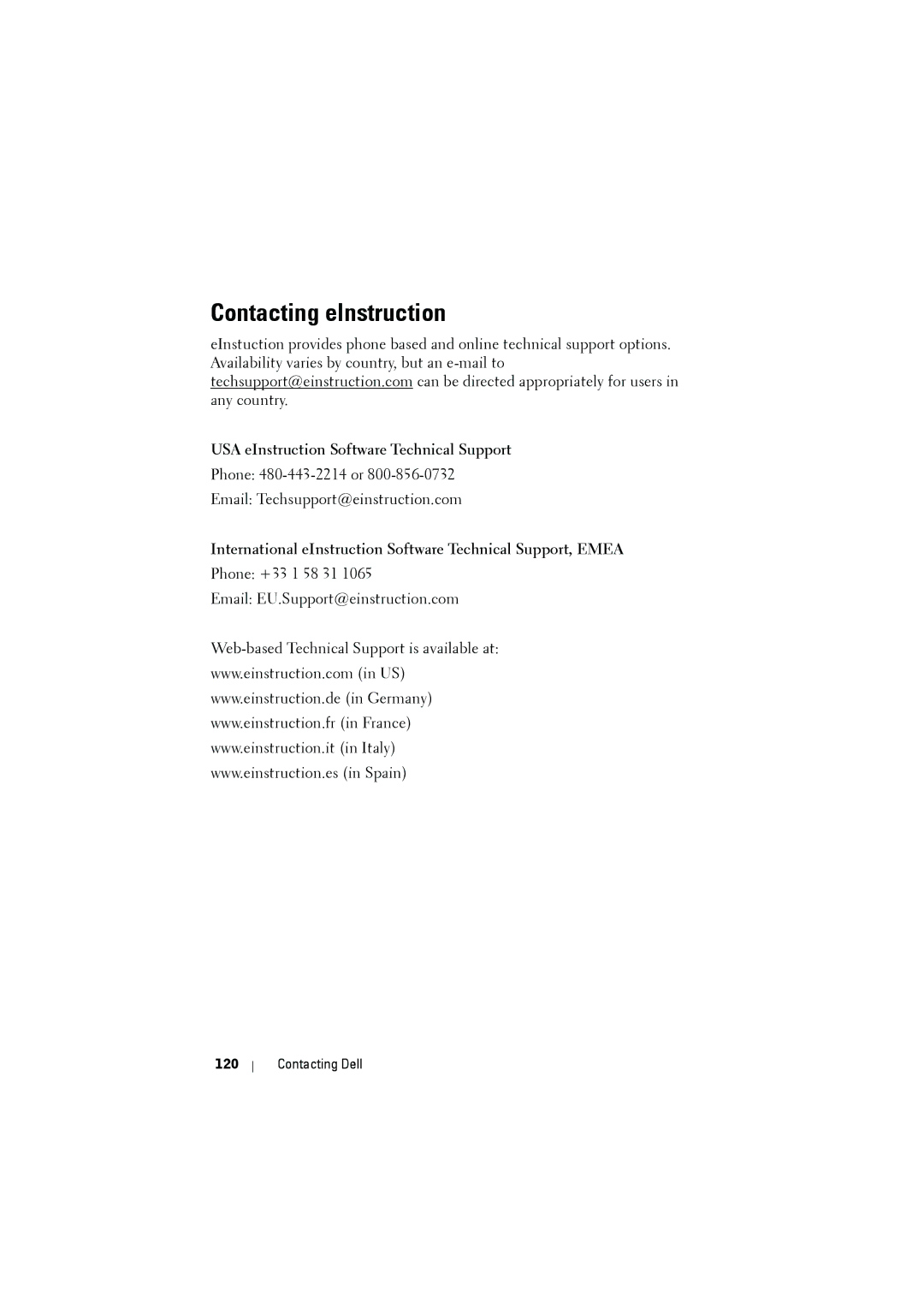 Dell S300wi manual Contacting eInstruction, Contacting Dell 