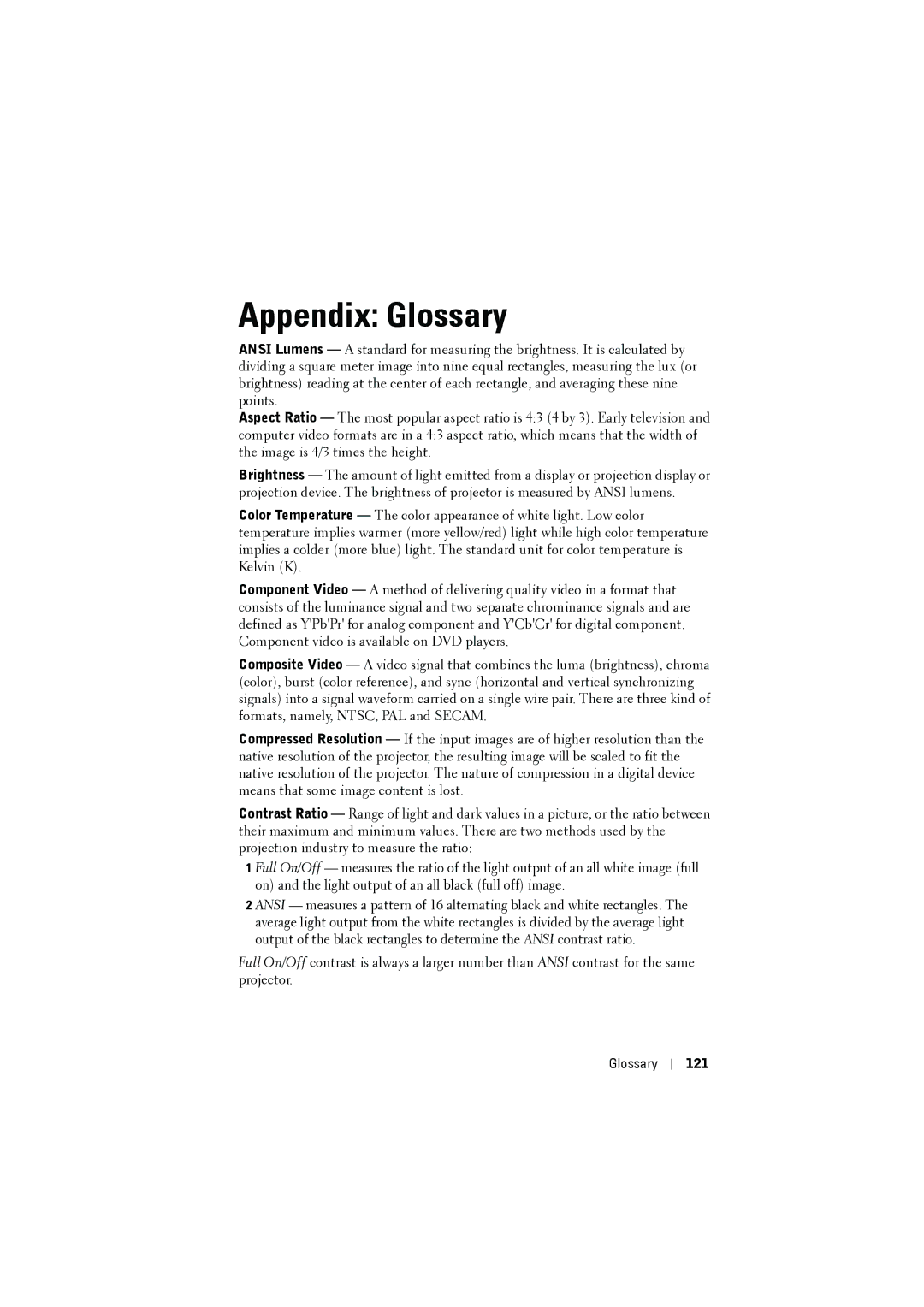 Dell S300wi manual Appendix Glossary, Glossary 121 