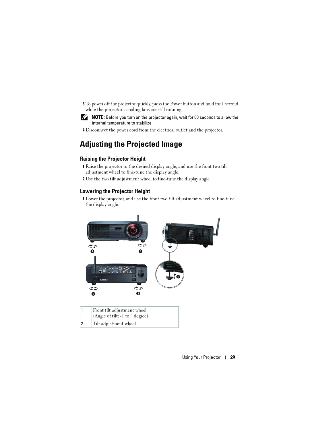 Dell S300wi manual Adjusting the Projected Image, Raising the Projector Height, Lowering the Projector Height 