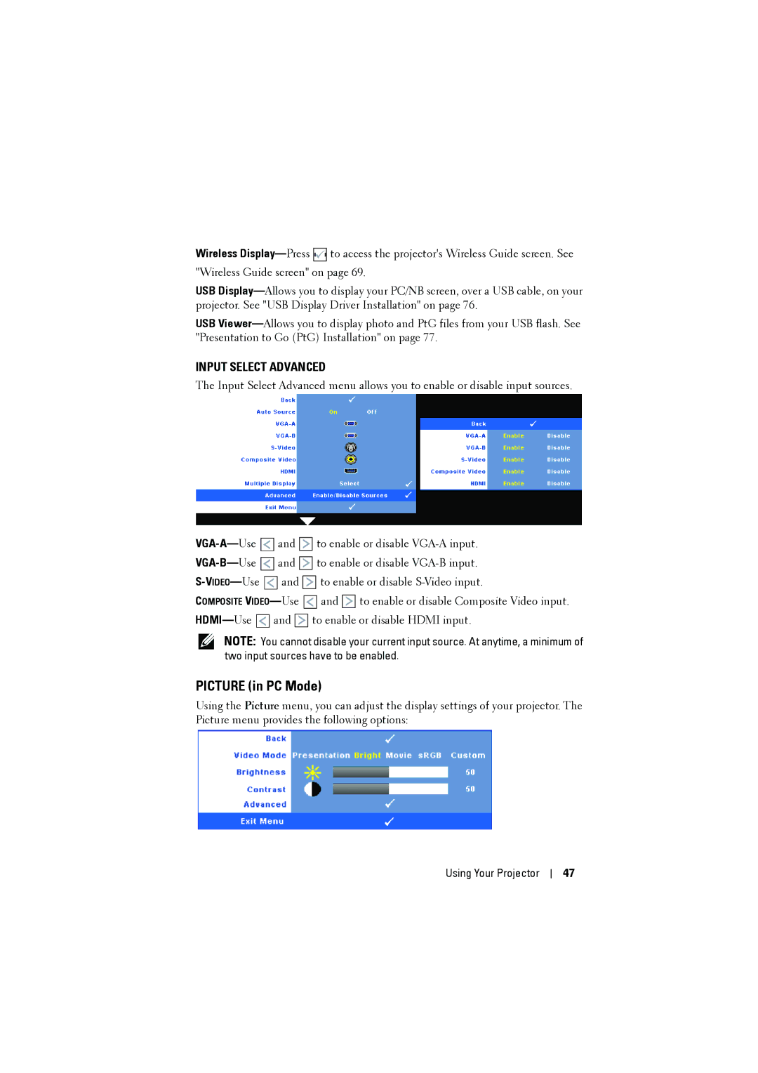 Dell S300wi manual Picture in PC Mode, Input Select Advanced 